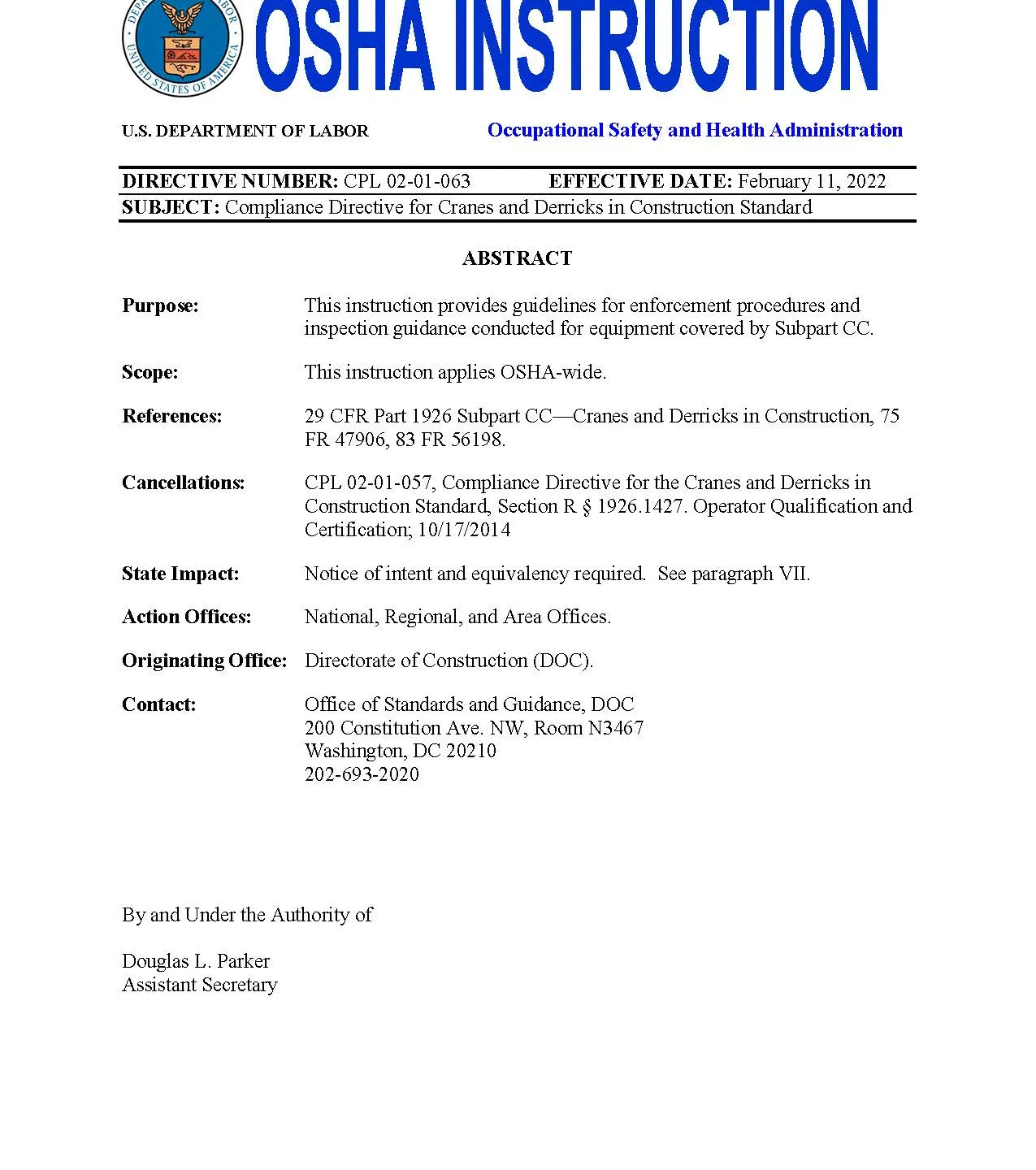 Compliance Directive for Cranes and Derricks in Construction Standard